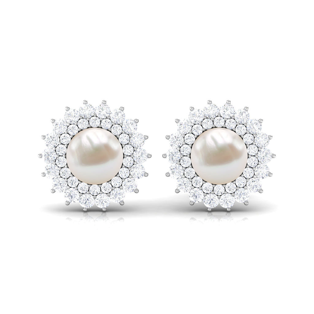 6.25 CT Freshwater Pearl Floral Statement Earrings with Diamond Double Halo Freshwater Pearl - ( AAA ) - Quality - Rosec Jewels