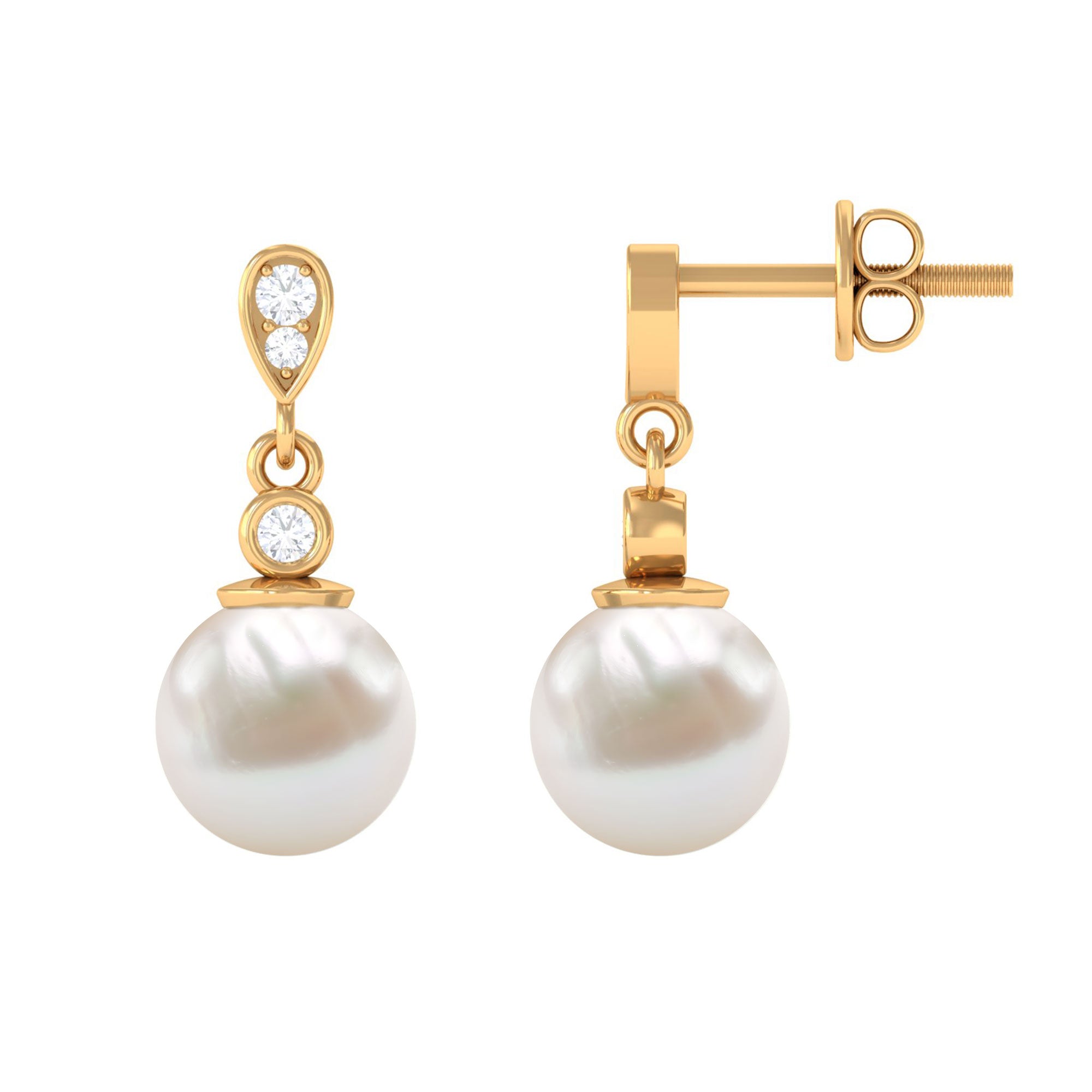 Freshwater Pearl and Diamond Drop Earrings Freshwater Pearl - ( AAA ) - Quality - Rosec Jewels