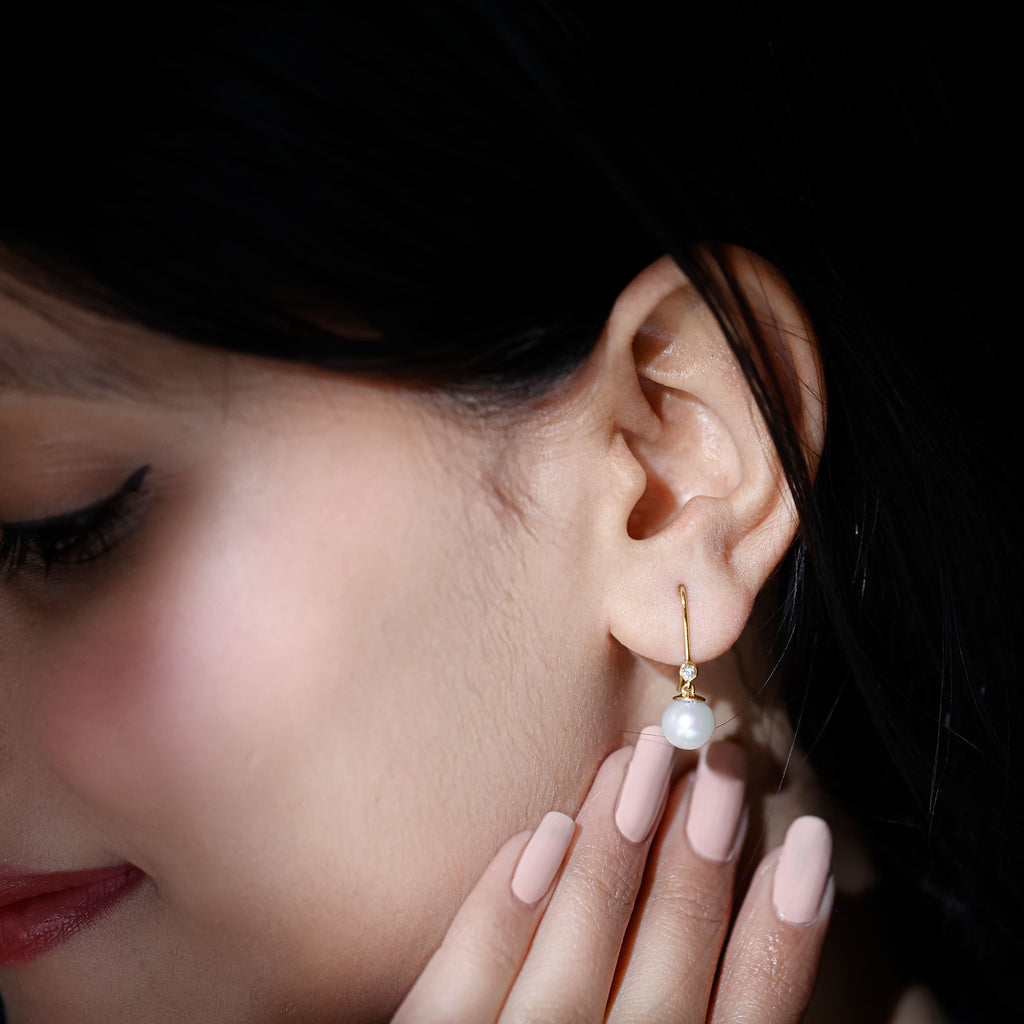 Bezel Set Diamond and Freshwater Pearl Drop Earrings Freshwater Pearl - ( AAA ) - Quality - Rosec Jewels