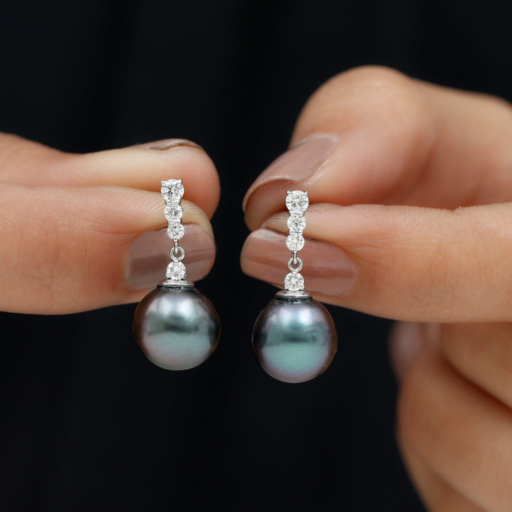 Diamond Bar and Tahitian Pearl Drop Earrings Tahitian pearl - ( AAA ) - Quality - Rosec Jewels