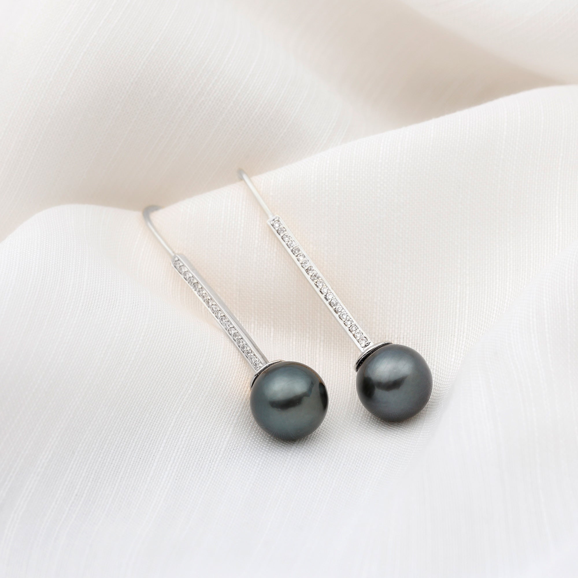 Tahitian Pearl and Diamond Accent Bar Drop Earrings with Fish Hook Backing Tahitian pearl - ( AAA ) - Quality - Rosec Jewels
