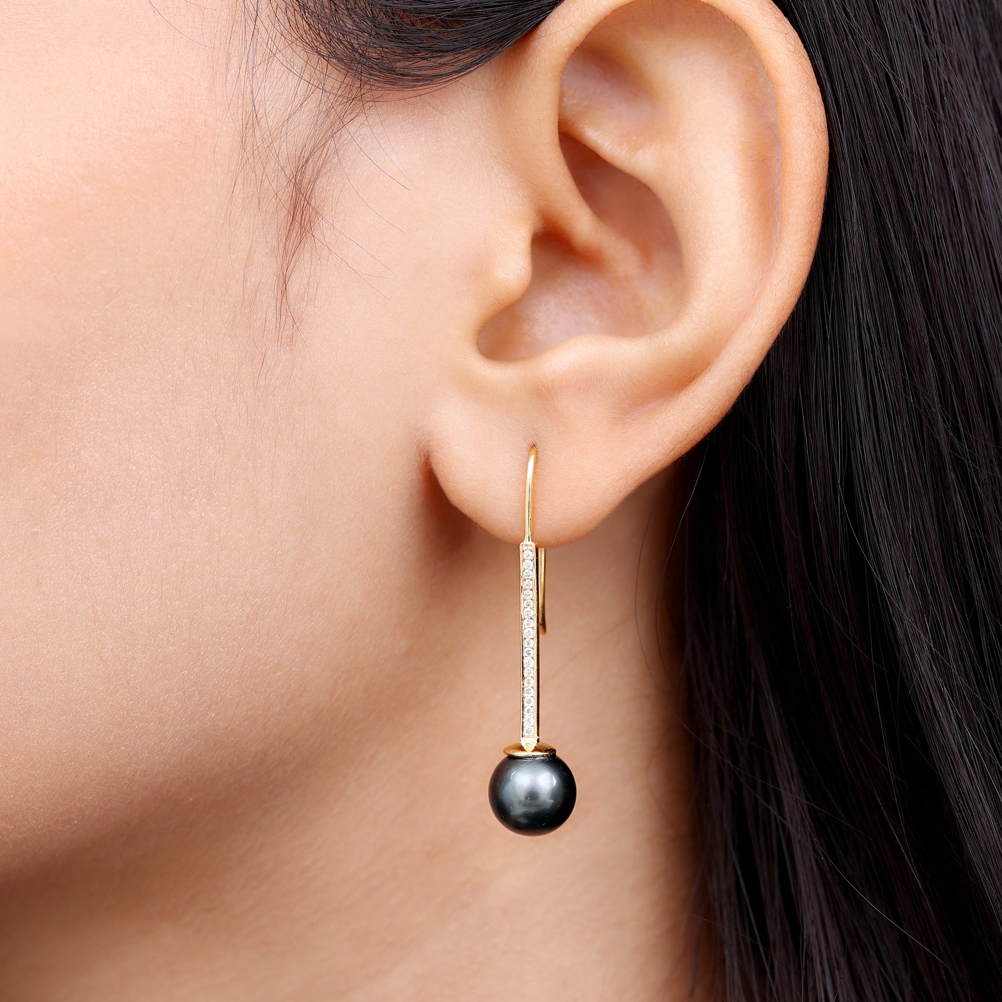 Tahitian Pearl and Diamond Accent Bar Drop Earrings with Fish Hook Backing Tahitian pearl - ( AAA ) - Quality - Rosec Jewels