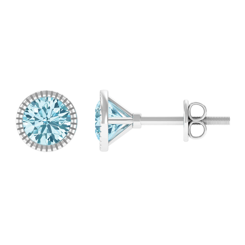 Round Cut Real Aquamarine Solitaire Stud Earring in Bezel Setting Aquamarine - ( AAA ) - Quality - Rosec Jewels