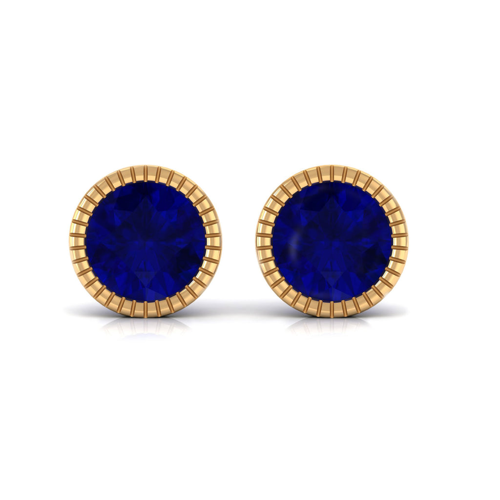 5 MM Round Blue Sapphire Solitaire Stud Earrings in Bezel Setting Blue Sapphire - ( AAA ) - Quality - Rosec Jewels