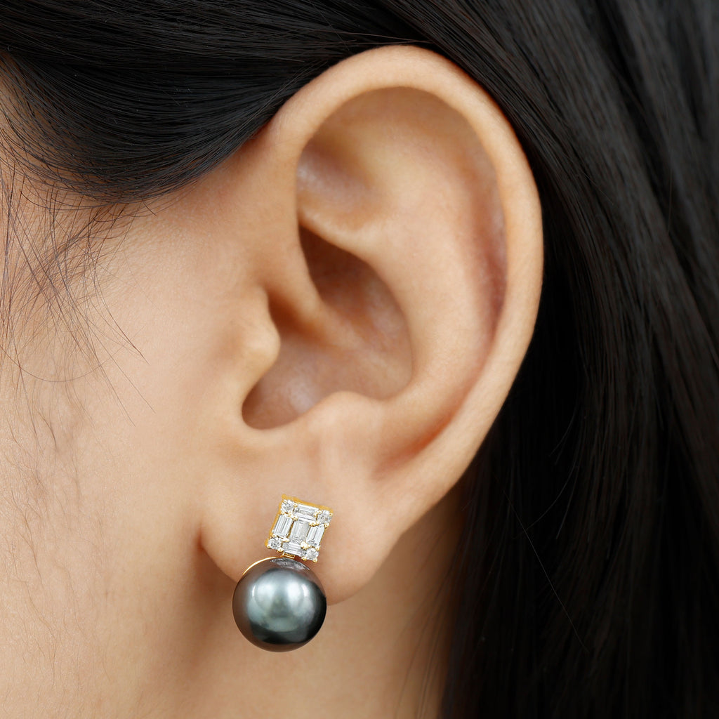 Tahitian Pearl Simple Stud Earrings with Baguette Diamond Tahitian pearl - ( AAA ) - Quality - Rosec Jewels