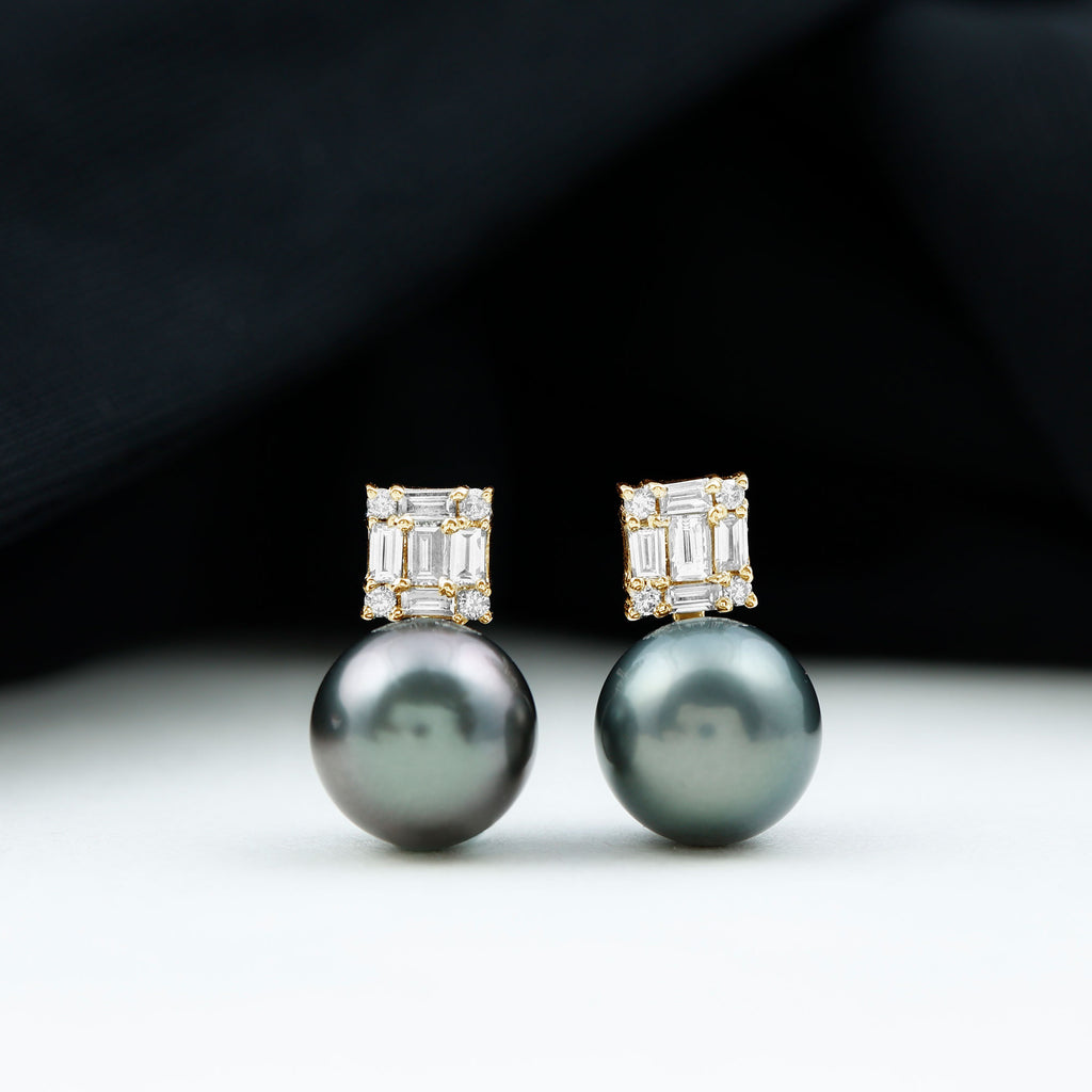 Tahitian Pearl Simple Stud Earrings with Baguette Diamond Tahitian pearl - ( AAA ) - Quality - Rosec Jewels