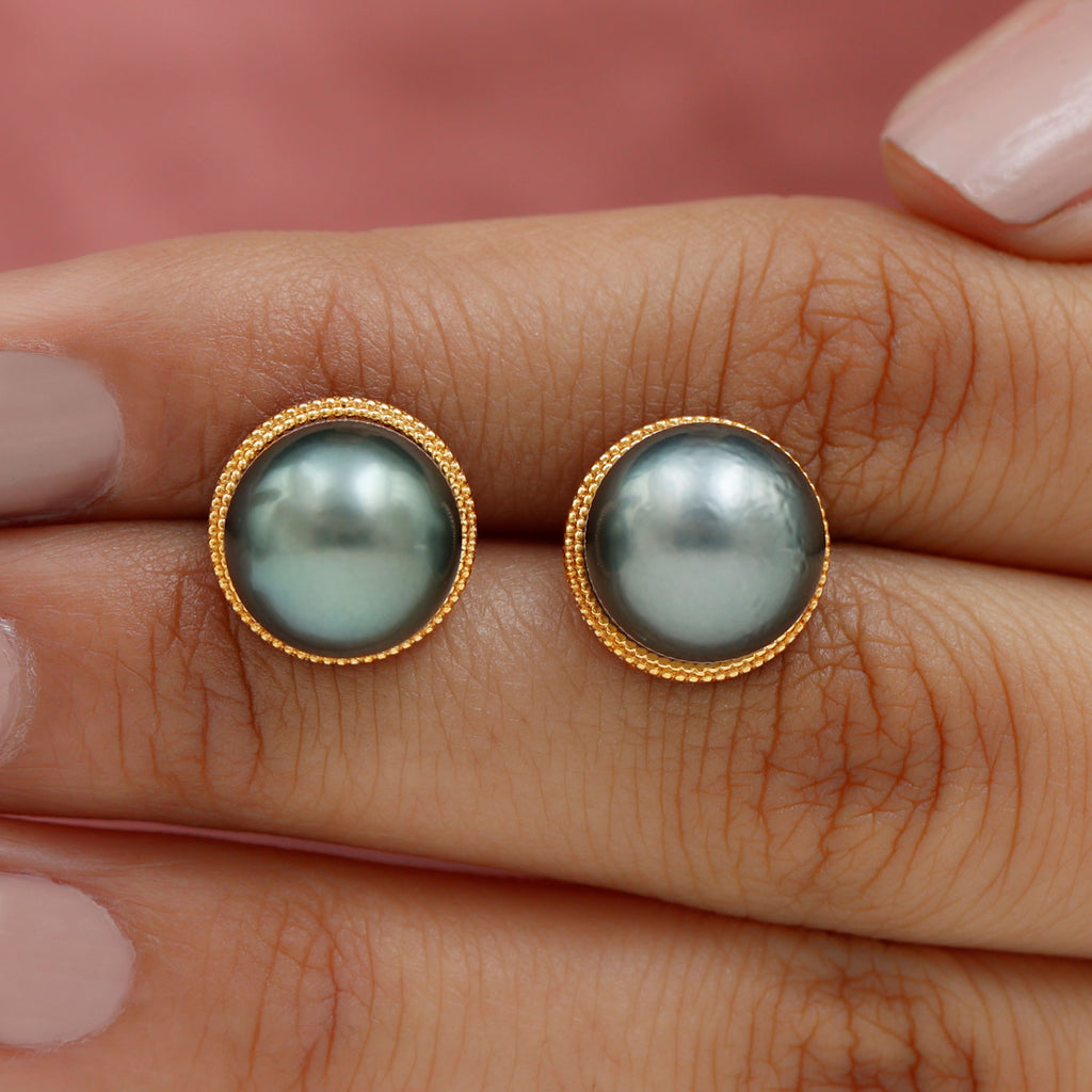 Beaded Bezel Set Tahitian Pearl Solitaire Gold Stud Earring Tahitian pearl - ( AAA ) - Quality - Rosec Jewels
