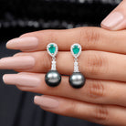 Classic Tahitian Pearl Dangle Earrings with Emerald and Diamond Emerald - ( AAA ) - Quality - Rosec Jewels