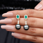 Classic Tahitian Pearl Dangle Earrings with Emerald and Diamond Emerald - ( AAA ) - Quality - Rosec Jewels
