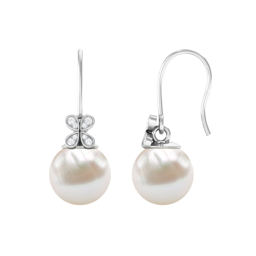 Simple Freshwater Pearl and Diamond Flower Drop Earrings with Fish Hook Freshwater Pearl - ( AAA ) - Quality - Rosec Jewels
