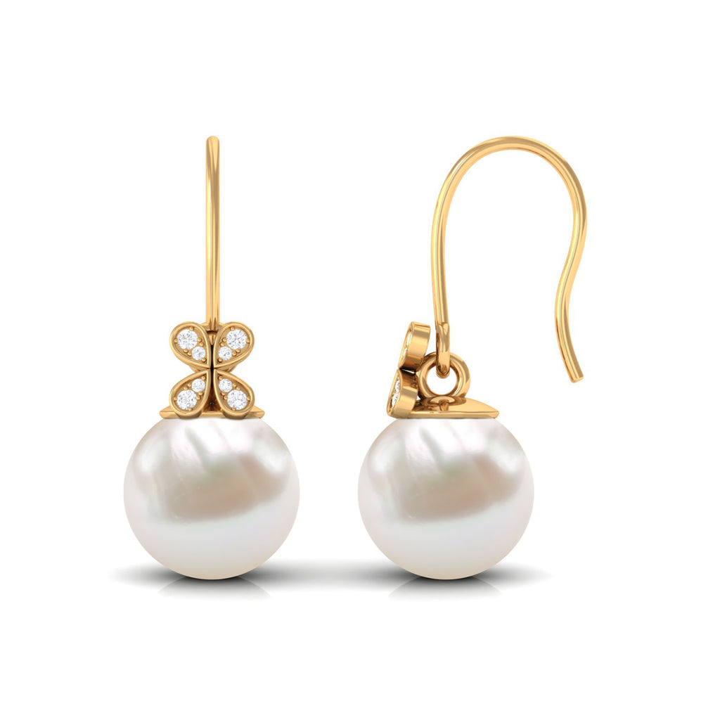 Simple Freshwater Pearl and Diamond Flower Drop Earrings with Fish Hook Freshwater Pearl - ( AAA ) - Quality - Rosec Jewels