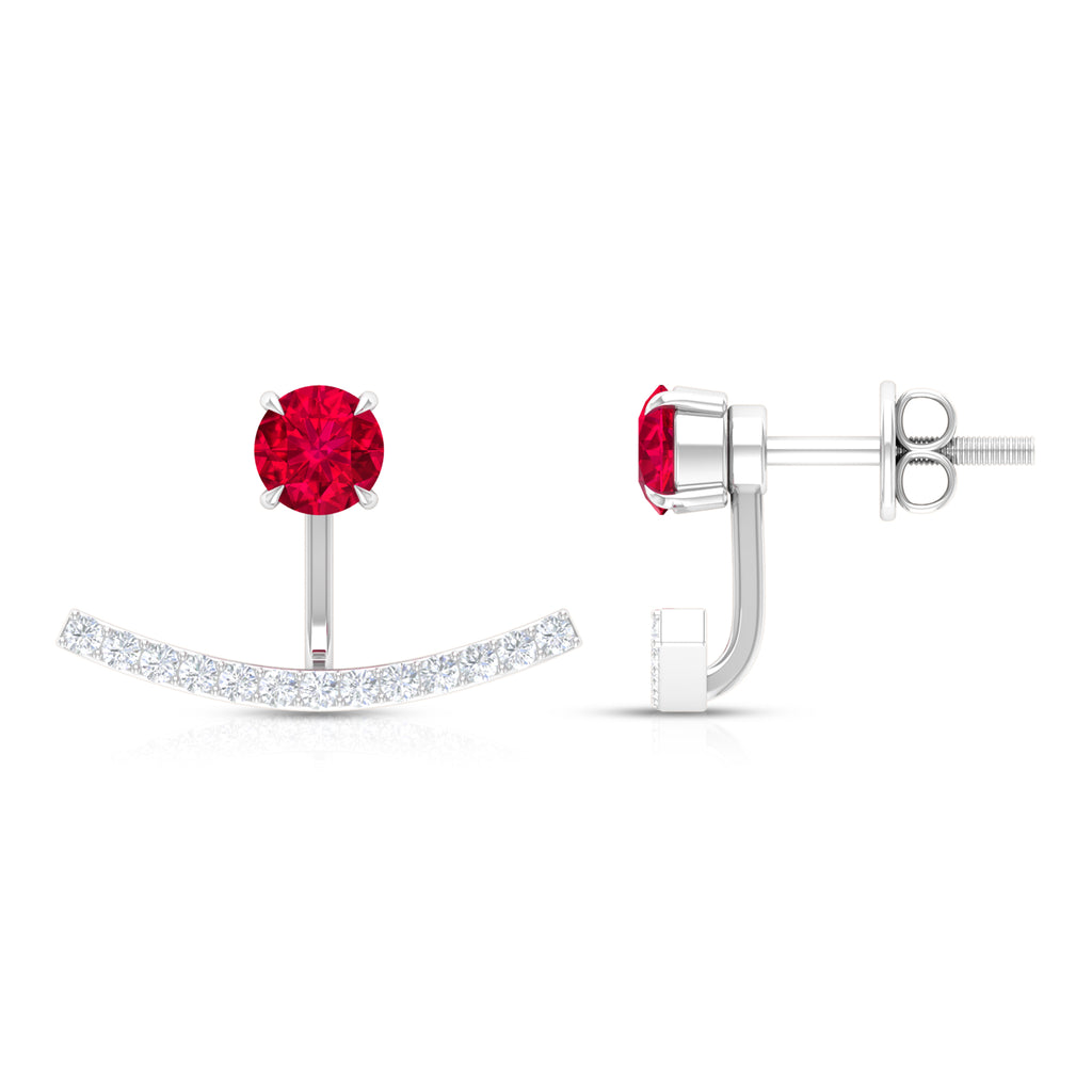 Real Ruby Front Back Earrings with Diamond Ruby - ( AAA ) - Quality - Rosec Jewels