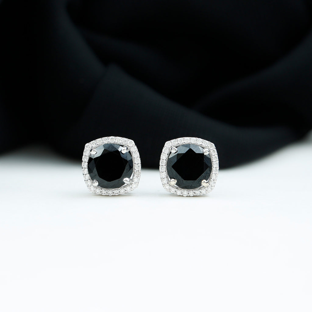 2.50 CT Vintage Black Onyx Stud Earrings with Diamond Halo Black Onyx - ( AAA ) - Quality - Rosec Jewels