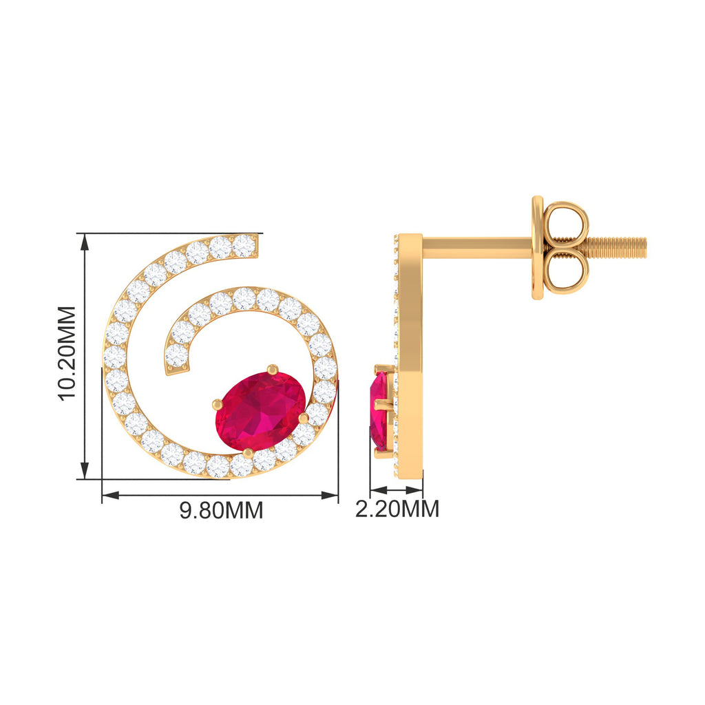 Spiral Stud Earring with Ruby and Diamond Ruby - ( AAA ) - Quality - Rosec Jewels