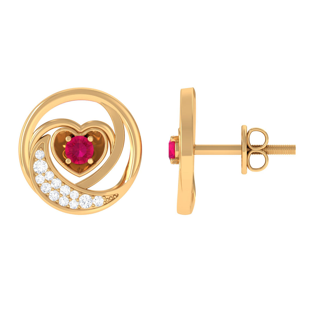 Genuine Ruby and Diamond Minimal Heart Stud Earrings Ruby - ( AAA ) - Quality - Rosec Jewels