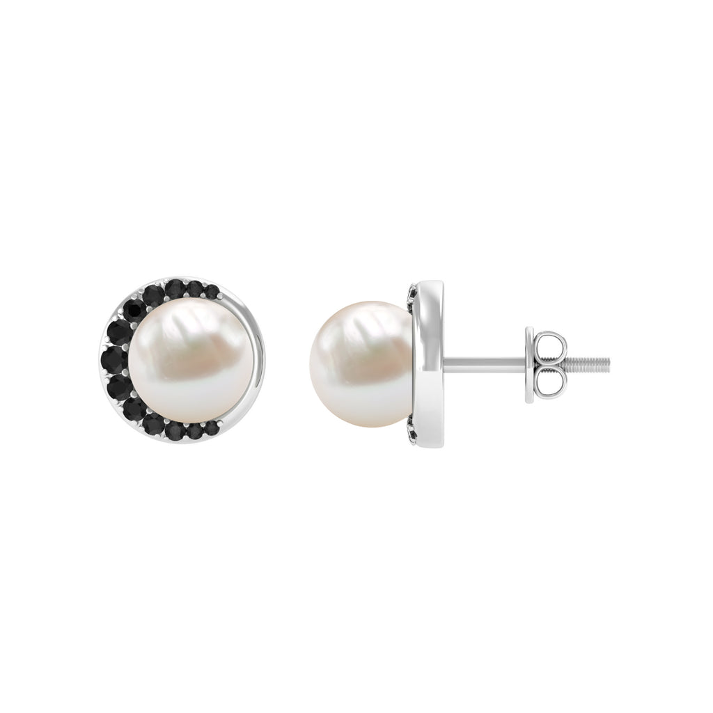 6.25 CT Freshwater Pearl Solitaire Stud with Black Spinel Half Halo Freshwater Pearl - ( AAA ) - Quality - Rosec Jewels
