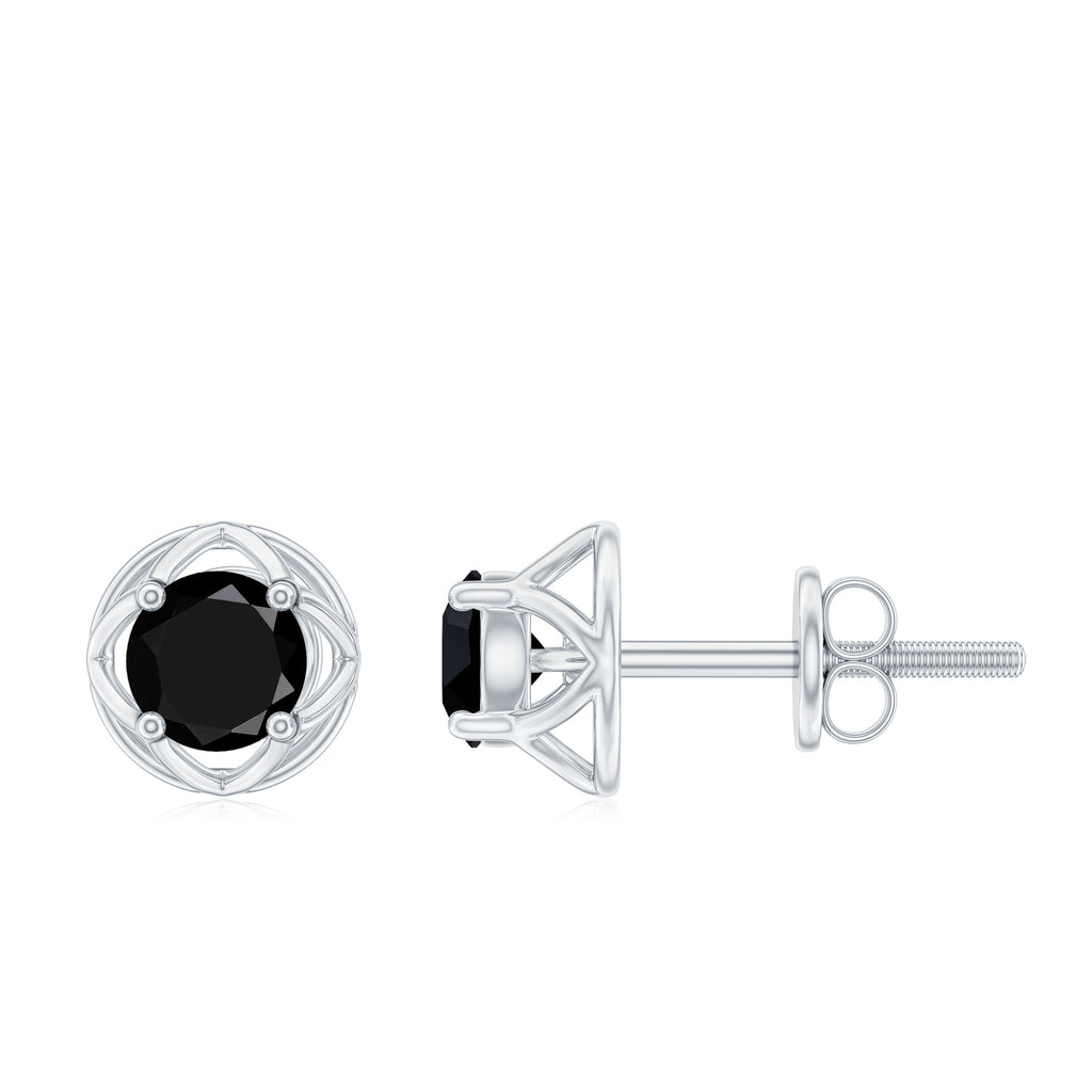 5 MM Black Onyx Solitaire Floral Stud Earrings in Prong Setting Black Onyx - ( AAA ) - Quality - Rosec Jewels
