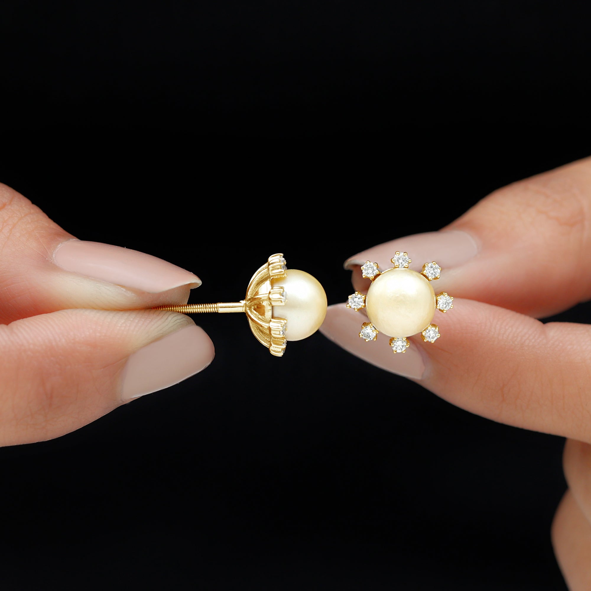 Elegant Floral Inspired South Sea Pearl Stud Earrings with Diamond South Sea Pearl - ( AAA ) - Quality - Rosec Jewels