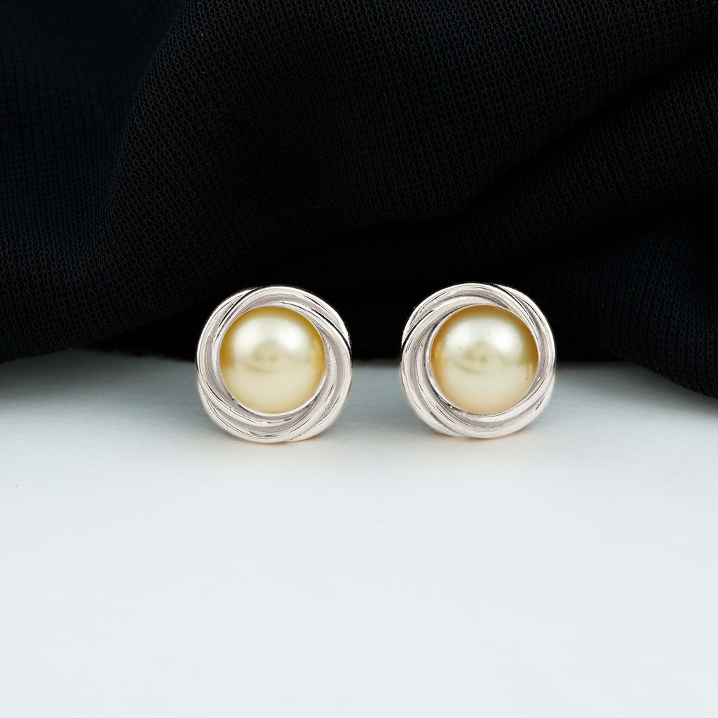 8 MM South Sea Pearl Solitaire and Gold Swirl Stud Earrings South Sea Pearl - ( AAA ) - Quality - Rosec Jewels