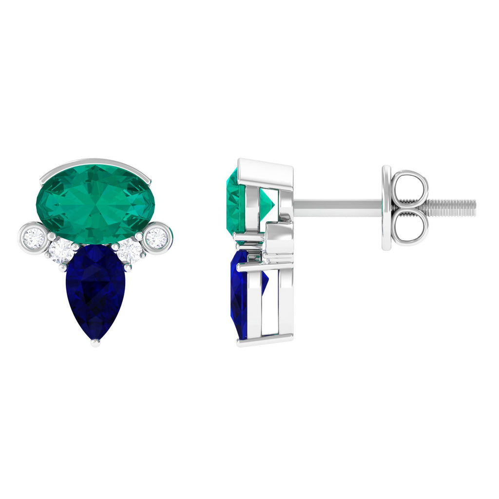 1.50 CT Blue Sapphire and Emerald Antique Stud Earrings with Diamond Accent Blue Sapphire - ( AAA ) - Quality - Rosec Jewels