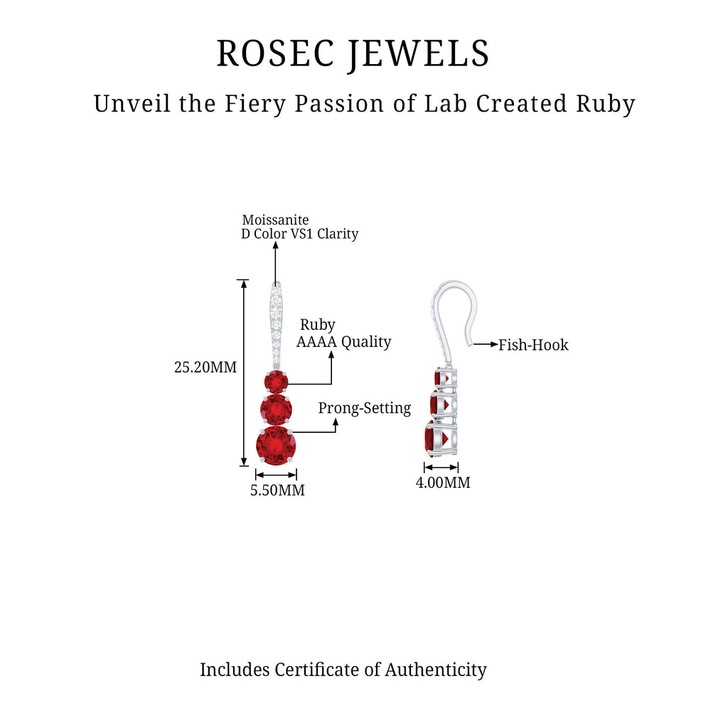 2.50 CT Lab Created Ruby Three Stone Dangle Earrings with Moissanite Lab Created Ruby - ( AAAA ) - Quality - Rosec Jewels