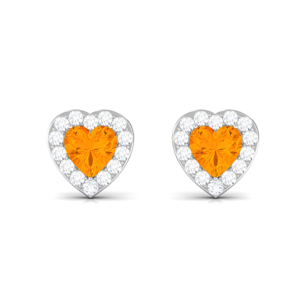 Heart Shape Fire Opal Halo Stud Earrings with Diamond Fire Opal - ( AAA ) - Quality - Rosec Jewels