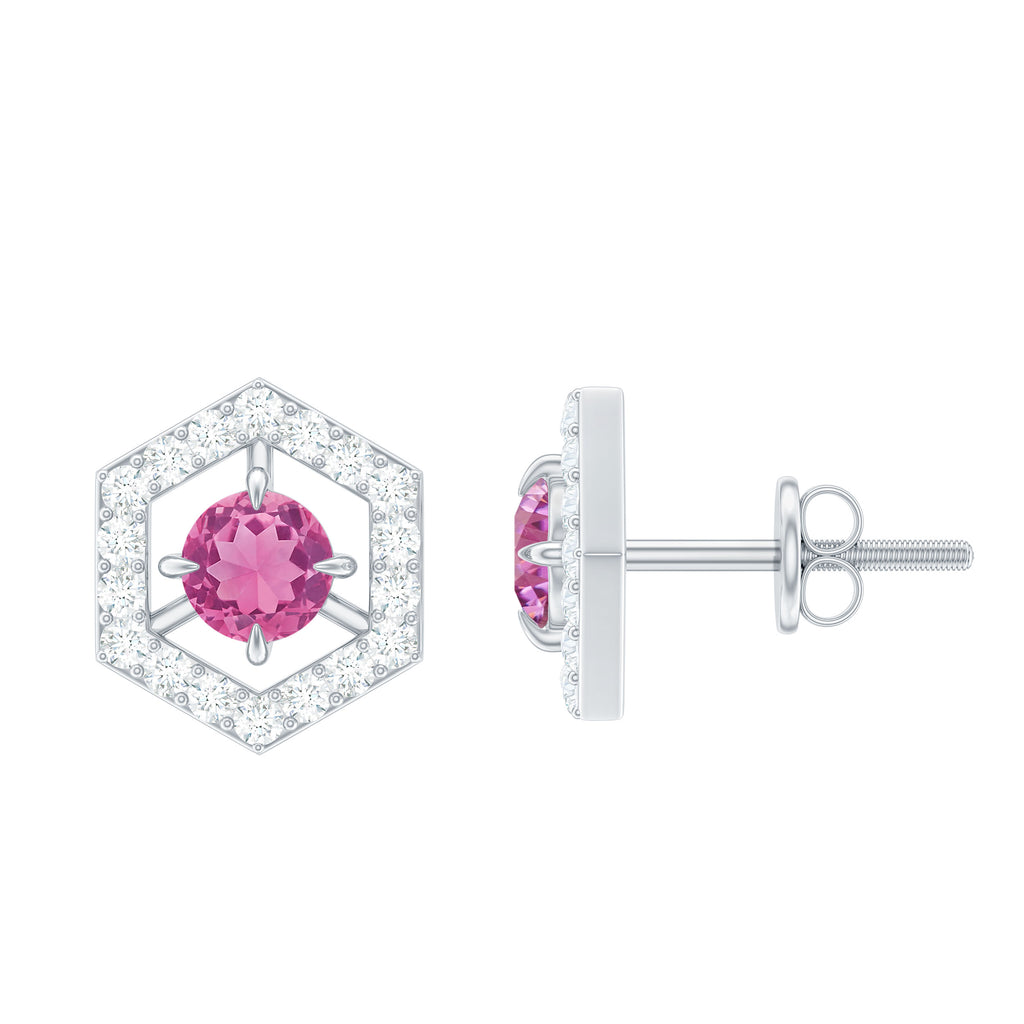 1 CT Minimal Pink Tourmaline and Diamond Geometric Stud Earrings Pink Tourmaline - ( AAA ) - Quality - Rosec Jewels