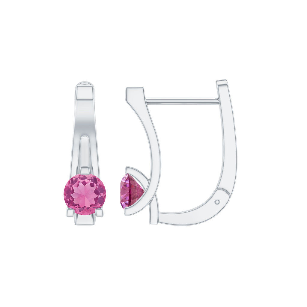 Simple Pink Tourmaline Solitaire J Hoop Earrings Pink Tourmaline - ( AAA ) - Quality - Rosec Jewels