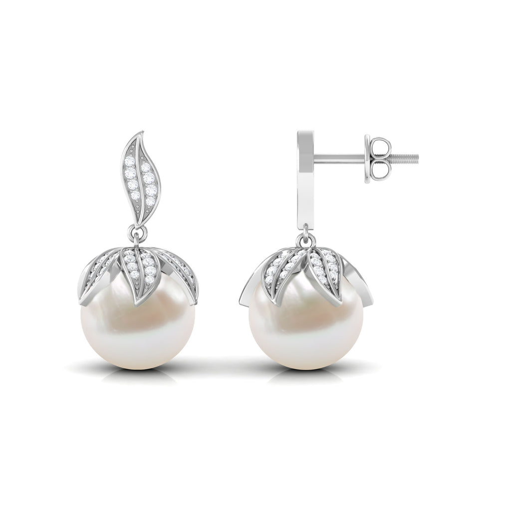 Nature Inspired Freshwater Pearl Drop Earrings with Diamond Freshwater Pearl - ( AAA ) - Quality - Rosec Jewels