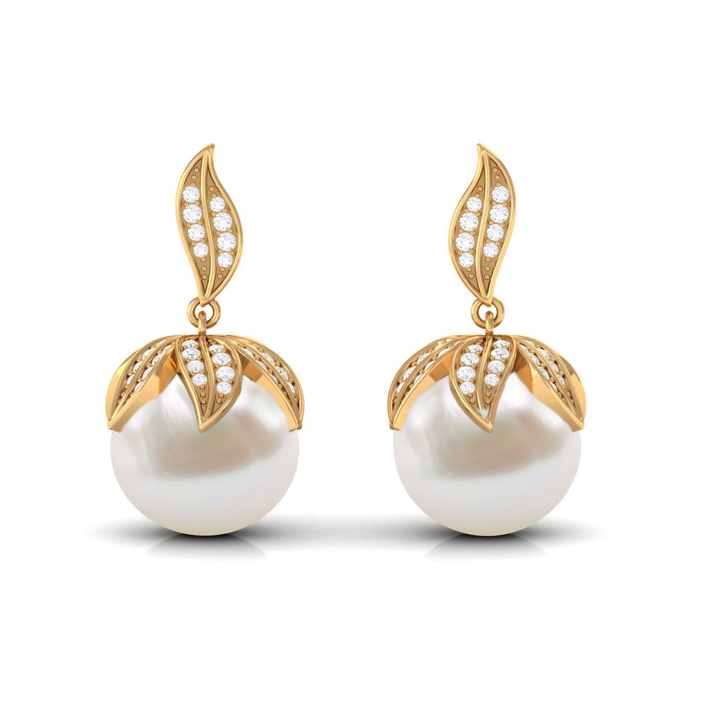 Nature Inspired Freshwater Pearl Drop Earrings with Diamond Freshwater Pearl - ( AAA ) - Quality - Rosec Jewels