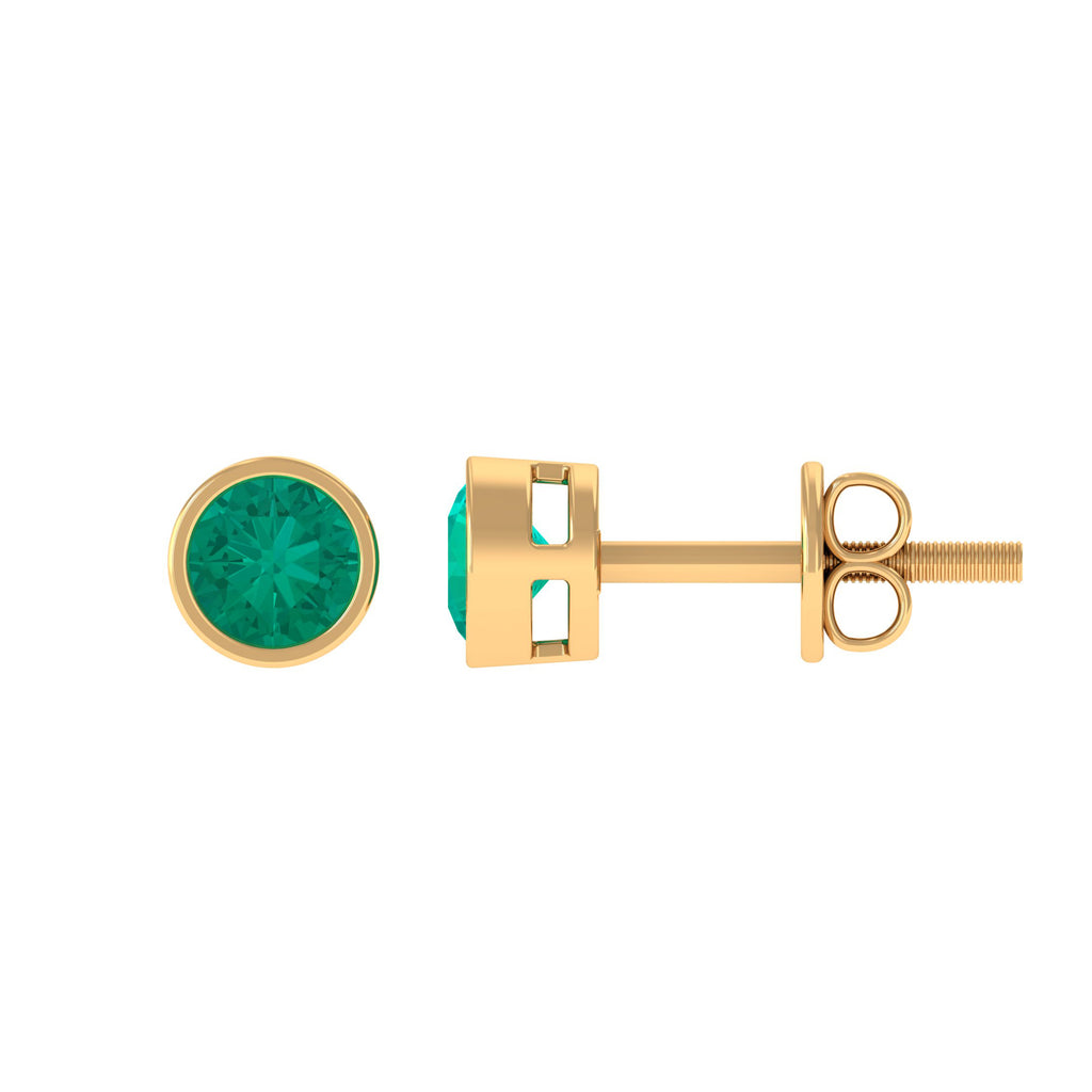 Bezel Set Round Emerald Solitaire Stud Earrings Emerald - ( AAA ) - Quality - Rosec Jewels
