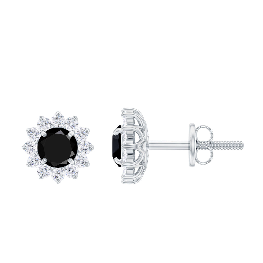 Round Created Black Diamond and Diamond Flower Halo Stud Earrings Lab Created Black Diamond - ( AAAA ) - Quality - Rosec Jewels