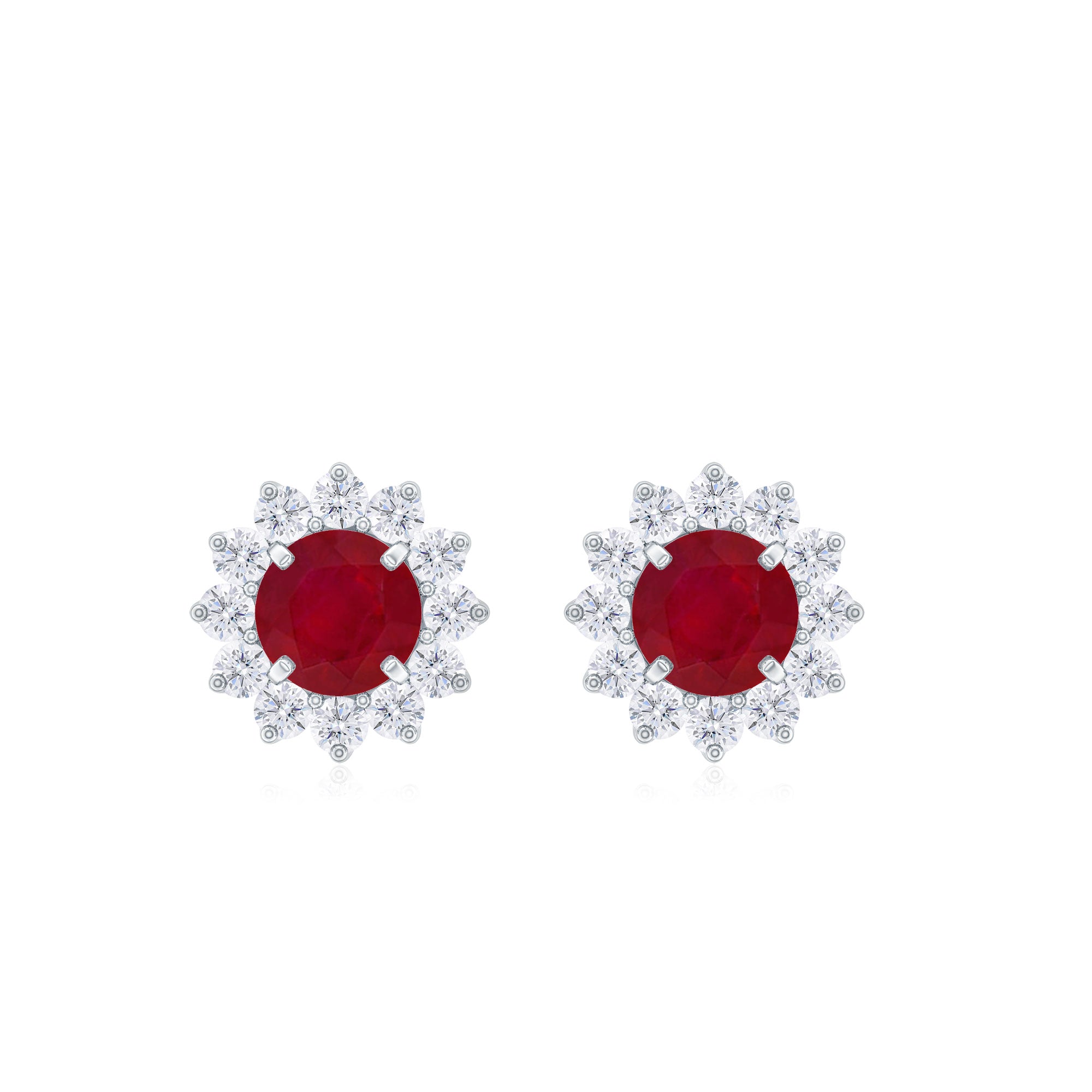 Ruby Flower Stud Earrings with Diamond Halo Ruby - ( AAA ) - Quality - Rosec Jewels