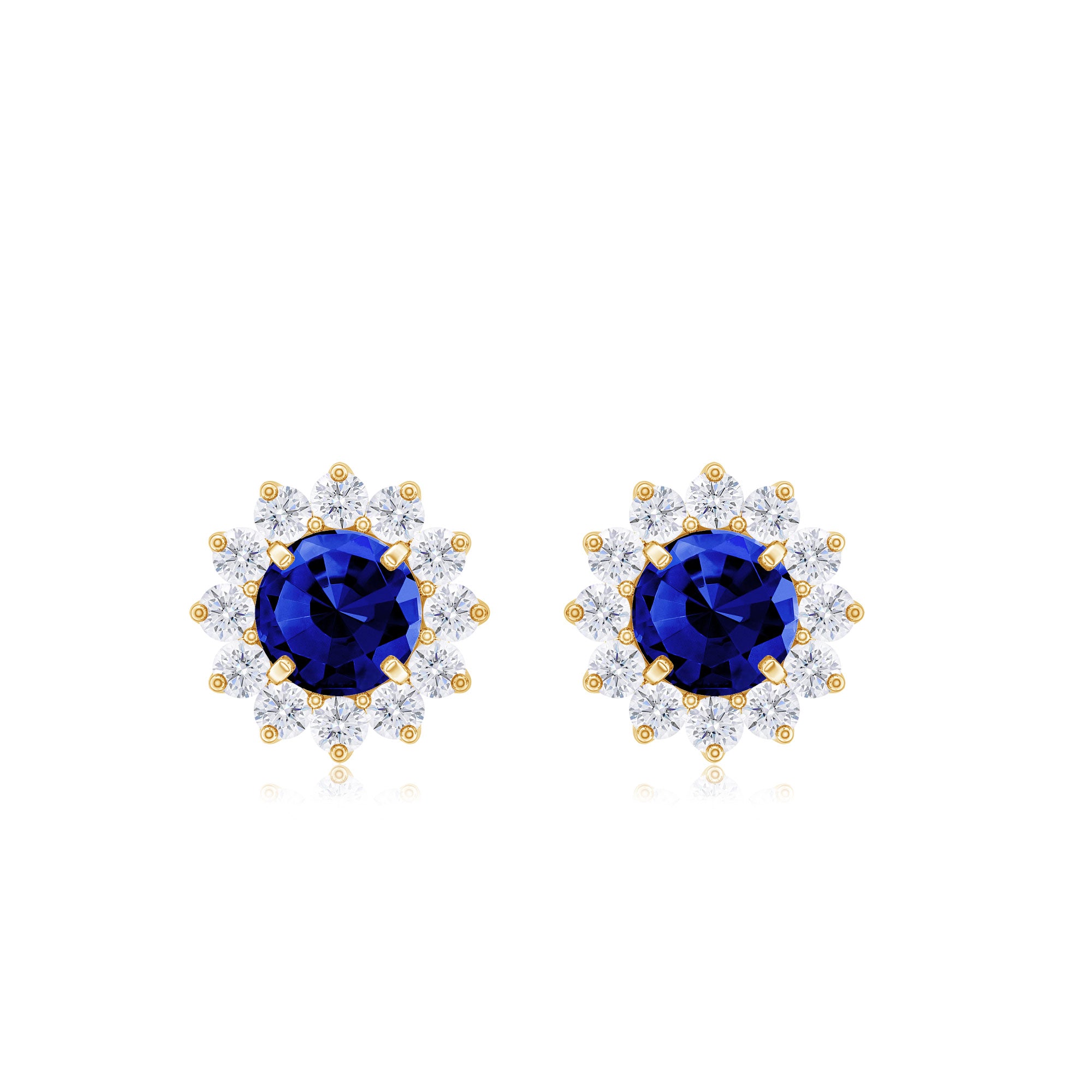 Created Blue Sapphire and Diamond Floral Halo Stud Earrings Lab Created Blue Sapphire - ( AAAA ) - Quality - Rosec Jewels