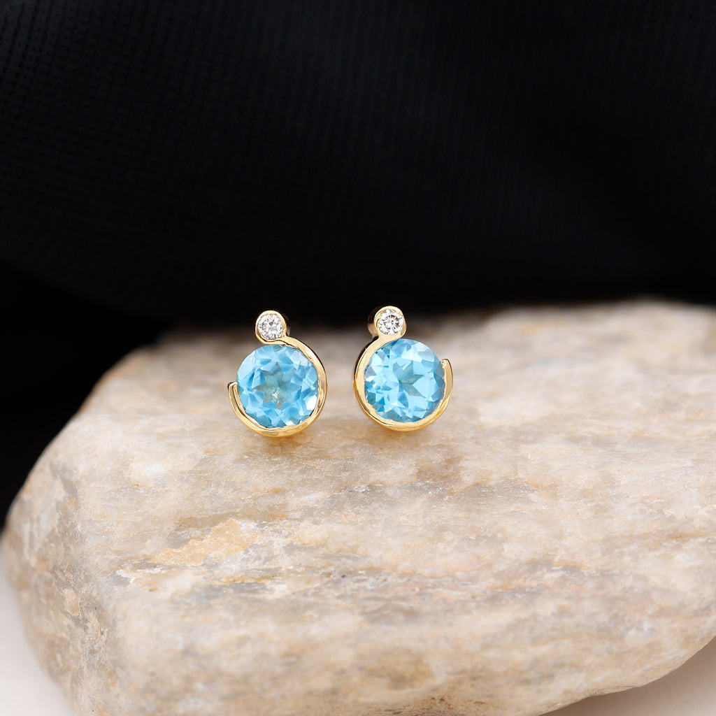 Round Swiss Blue Topaz Stud Earrings with Moissanite Swiss Blue Topaz - ( AAA ) - Quality - Rosec Jewels