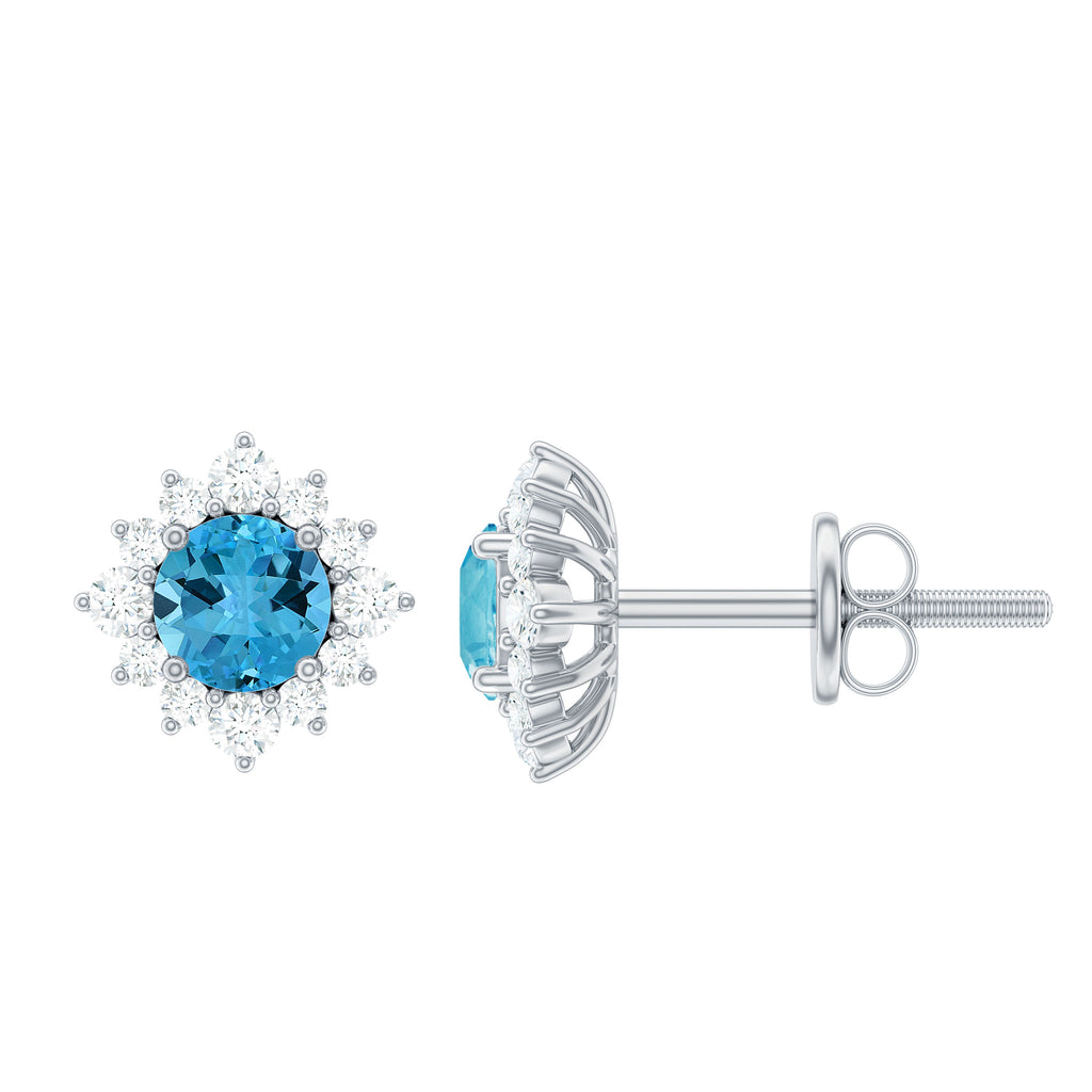 1 CT Classic Swiss Blue Topaz Stud Earrings with Diamond Halo Swiss Blue Topaz - ( AAA ) - Quality - Rosec Jewels