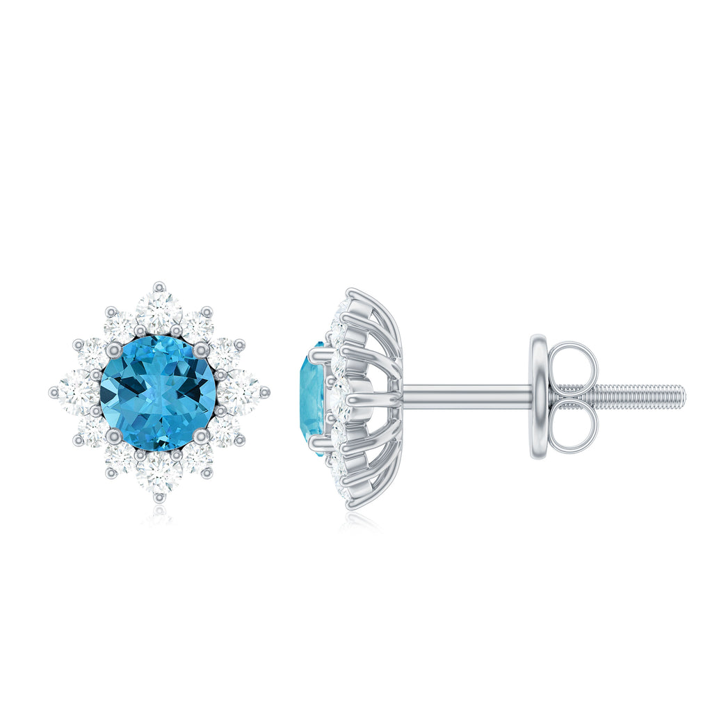 1 CT Classic Swiss Blue Topaz Stud Earrings with Diamond Halo Swiss Blue Topaz - ( AAA ) - Quality - Rosec Jewels