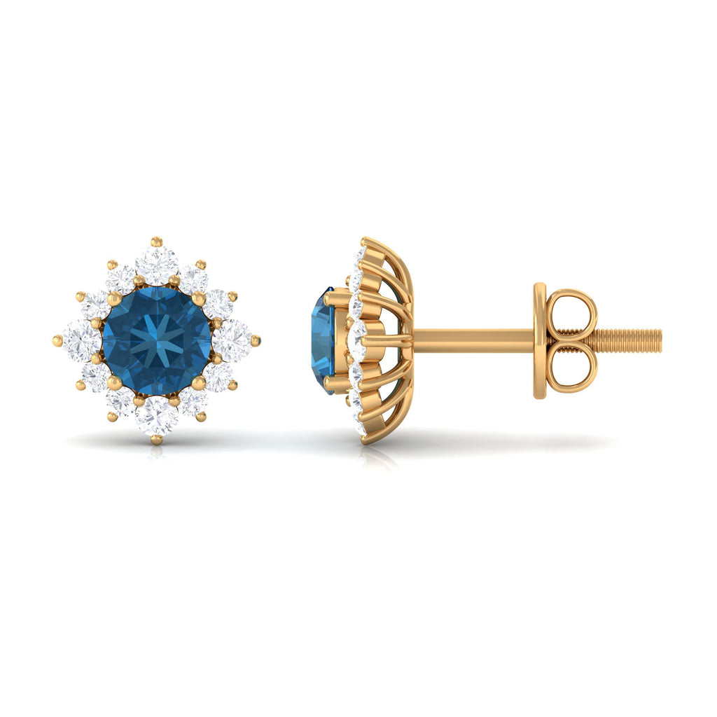 1.25 CT Classic London Blue Topaz Stud Earrings with Diamond Halo London Blue Topaz - ( AAA ) - Quality - Rosec Jewels