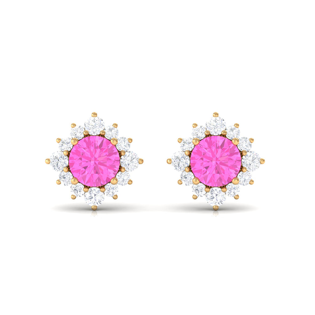 1 CT Pink Sapphire Classic Stud Earrings with Diamond Halo Pink Sapphire - ( AAA ) - Quality - Rosec Jewels