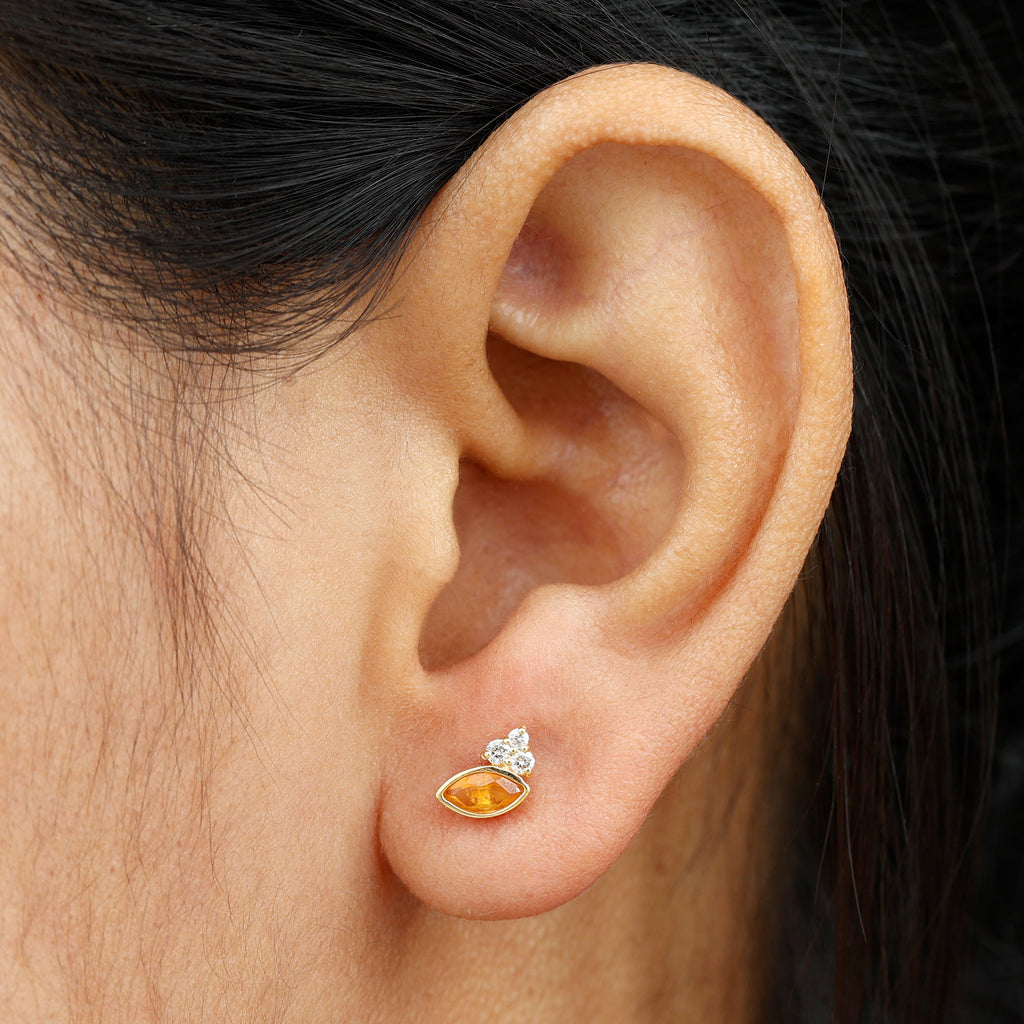 3/4 CT Marquise Cut Fire Opal Stud Earrings with Diamond Trio Fire Opal - ( AAA ) - Quality - Rosec Jewels