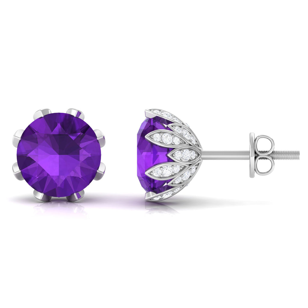 3 CT Real Amethyst Solitaire Bridal Stud Earrings with Diamond Amethyst - ( AAA ) - Quality - Rosec Jewels