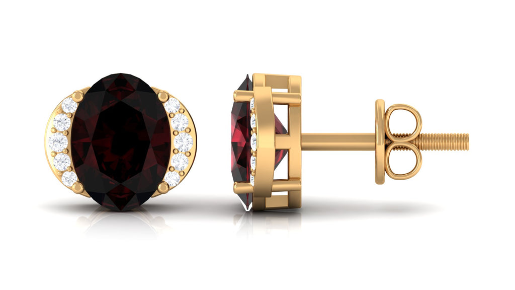 Oval Garnet Solitaire Stud Earrings with Diamond Garnet - ( AAA ) - Quality - Rosec Jewels