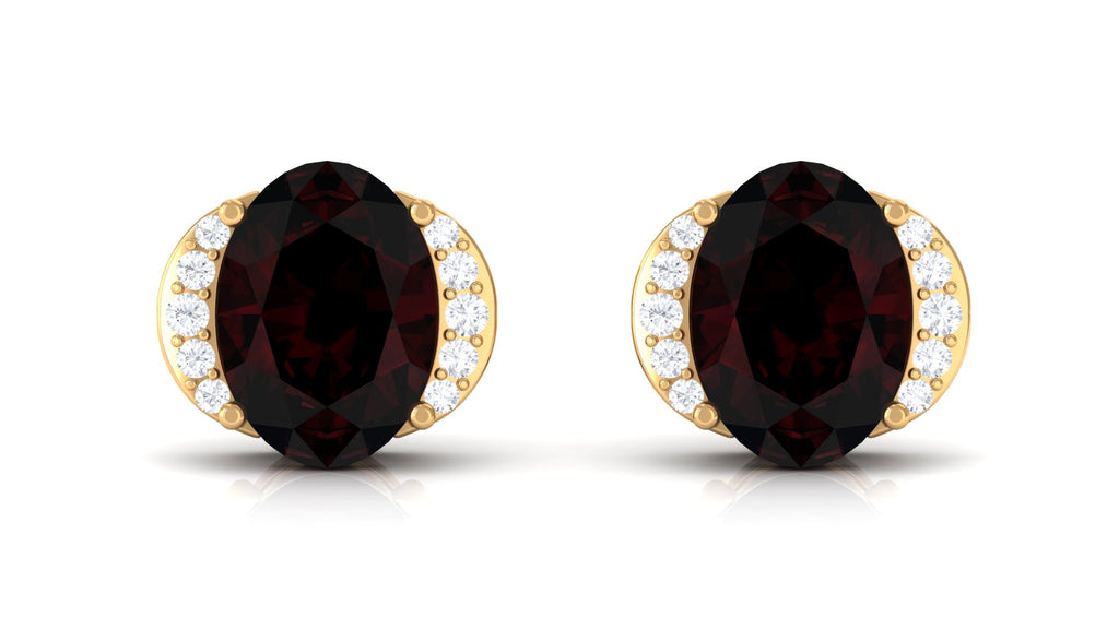 Oval Garnet Solitaire Stud Earrings with Diamond Garnet - ( AAA ) - Quality - Rosec Jewels