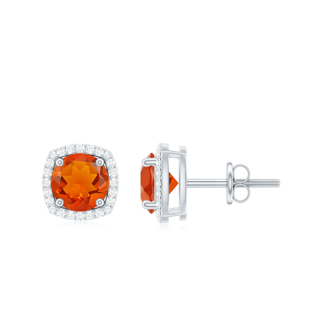 Round Fire Opal and Diamond Halo Stud Earrings Fire Opal - ( AAA ) - Quality - Rosec Jewels