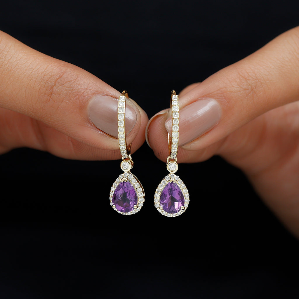 Pear Cut Amethyst Hoop Drop Earrings with Diamond Halo Amethyst - ( AAA ) - Quality - Rosec Jewels