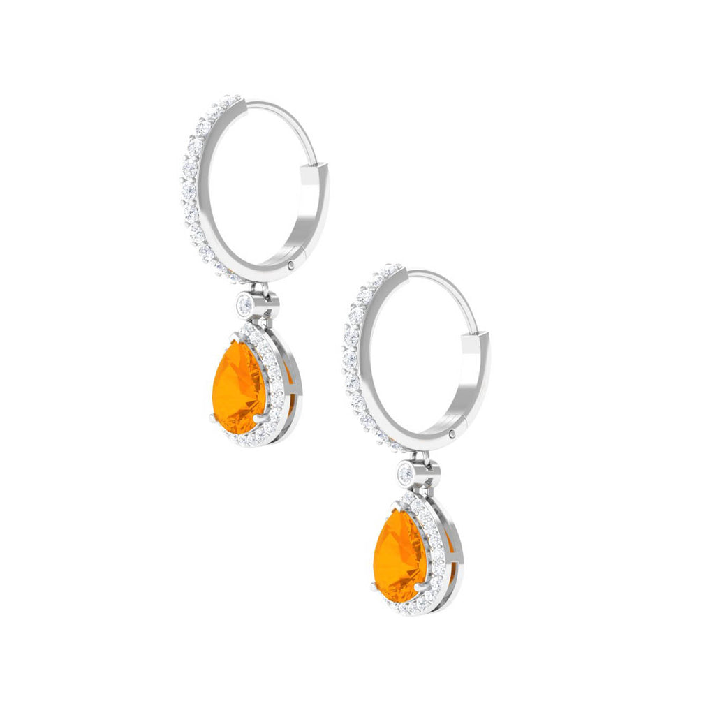 Pear Cut Fire Opal Hoop Drop Earrings with Moissanite Halo Fire Opal - ( AAA ) - Quality - Rosec Jewels