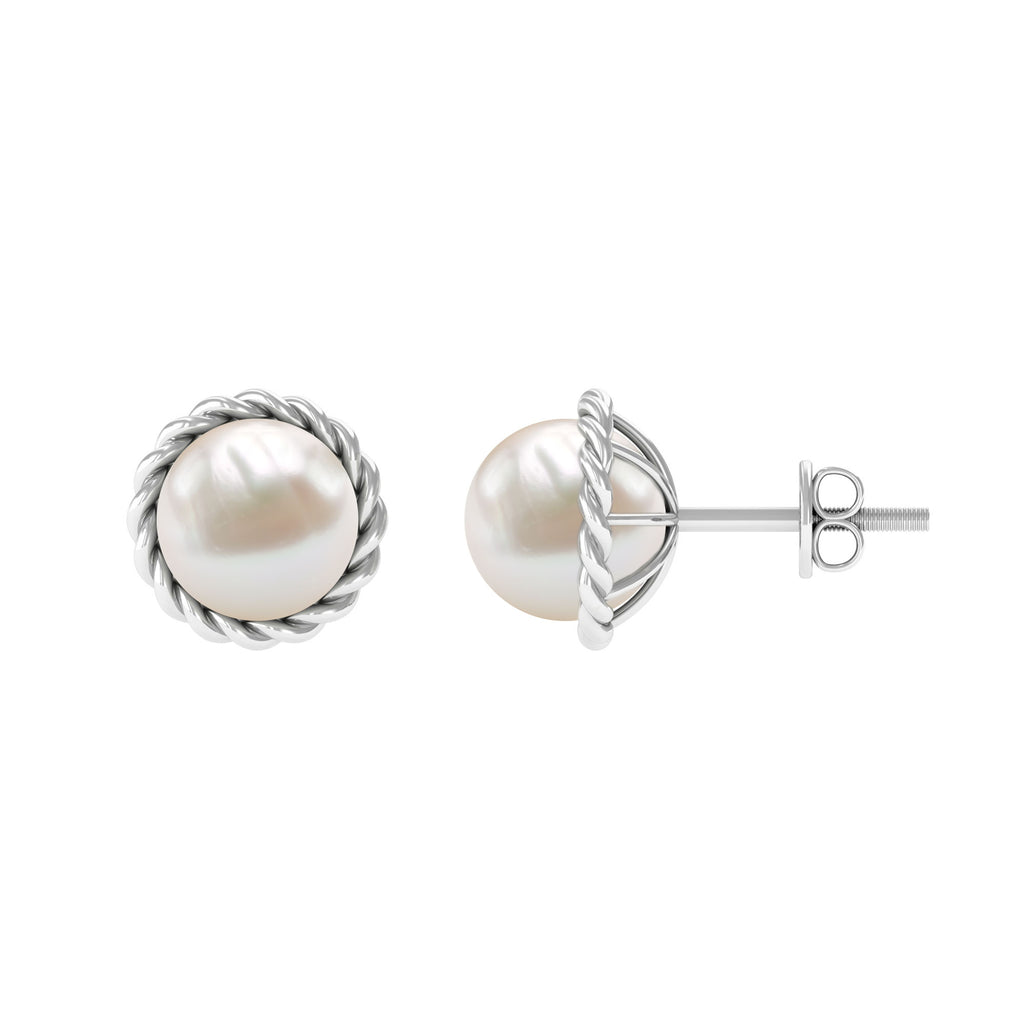 Real Freshwater Pearl Solitaire Stud Earrings with Rope Frame Detail Freshwater Pearl - ( AAA ) - Quality - Rosec Jewels