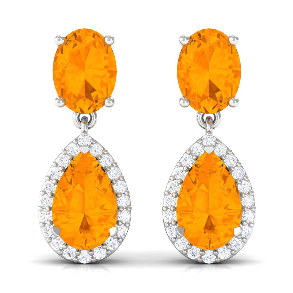 3 CT Classic Fire Opal Dangle Earrings with Diamond Fire Opal - ( AAA ) - Quality - Rosec Jewels