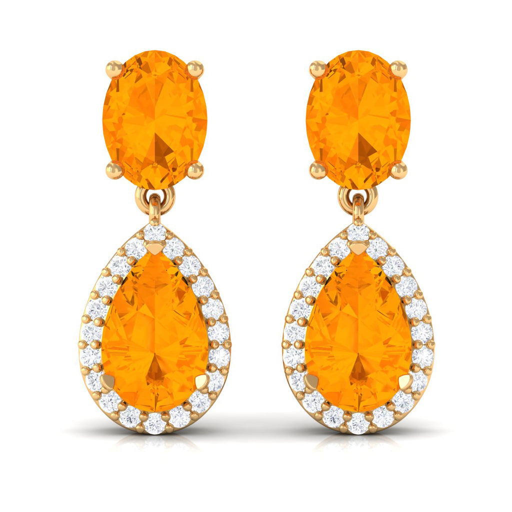 3 CT Classic Fire Opal Dangle Earrings with Diamond Fire Opal - ( AAA ) - Quality - Rosec Jewels