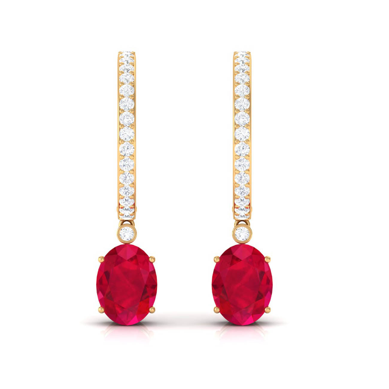 Oval Created Ruby Hinged Hoop Drop Earrings with Diamond Lab Created Ruby - ( AAAA ) - Quality - Rosec Jewels